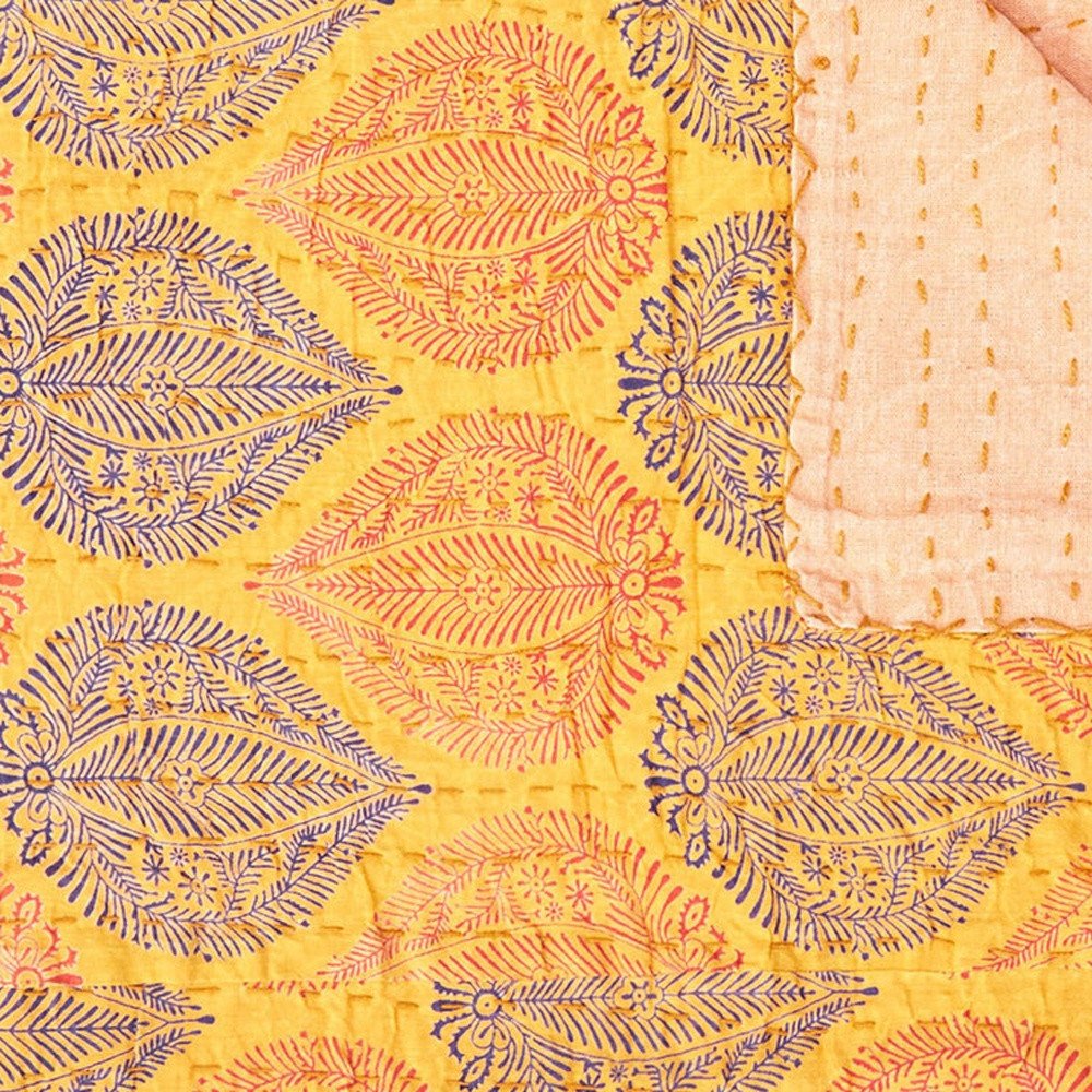 50" X 70" Maroon Yellow and Green Kantha Cotton Floral Throw Blanket with Embroidery