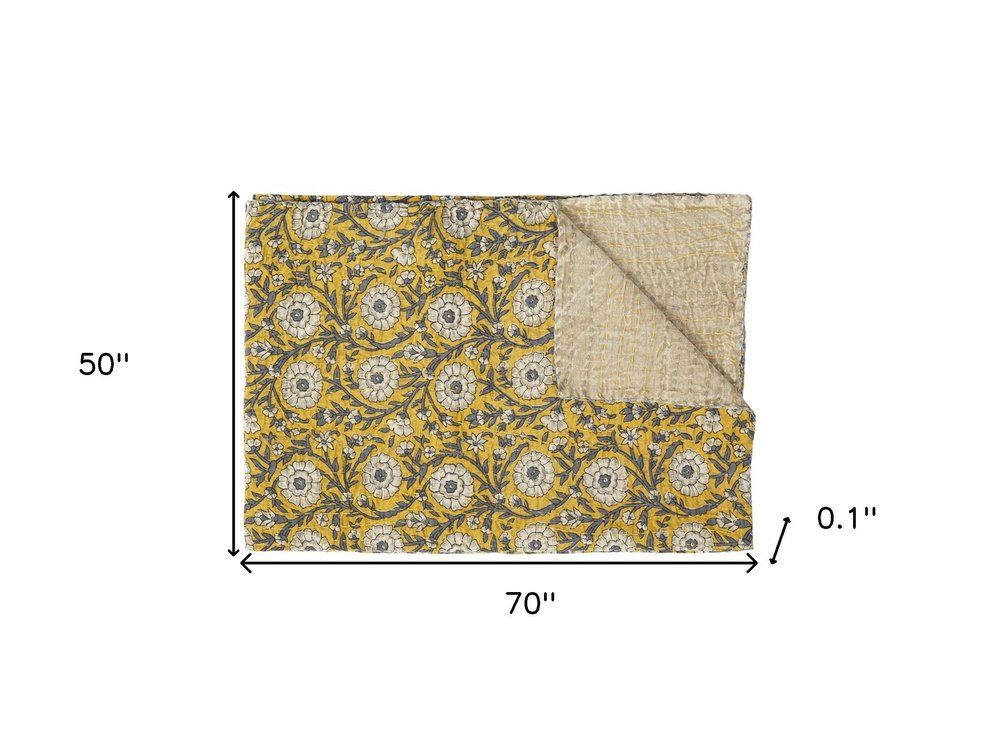 50" X 70" Green and Pink Kantha Cotton Paisley Throw Blanket with Embroidery