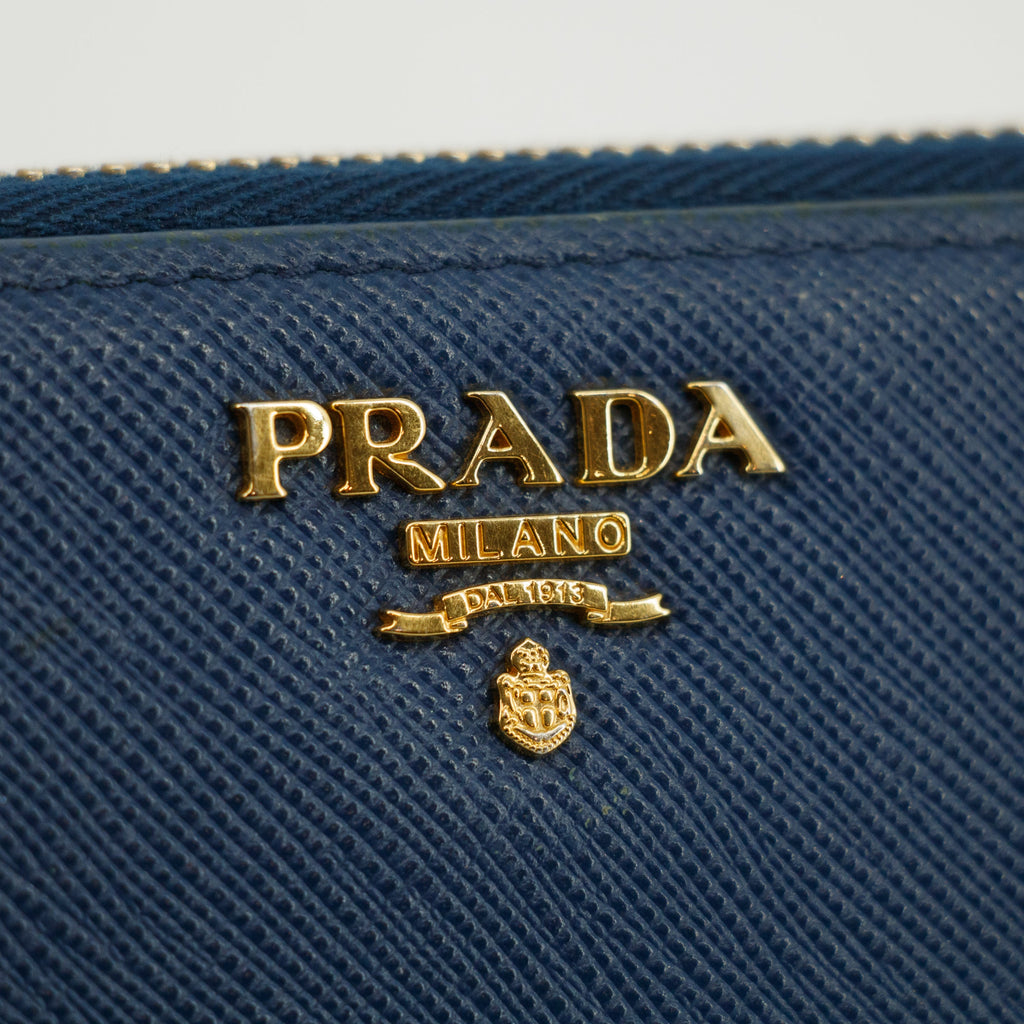Prada Blue Saffiano Leather Zip Around Wallet #3599