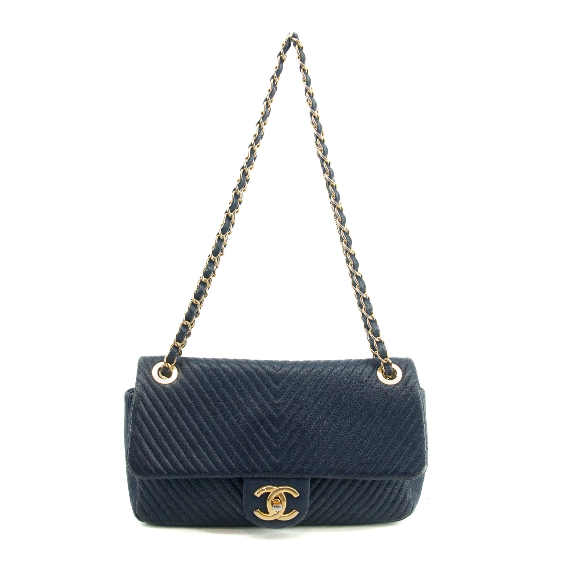 Chanel Chevron Flap Surpique Aged Calfskin Navy Shoulder Bag #3631
