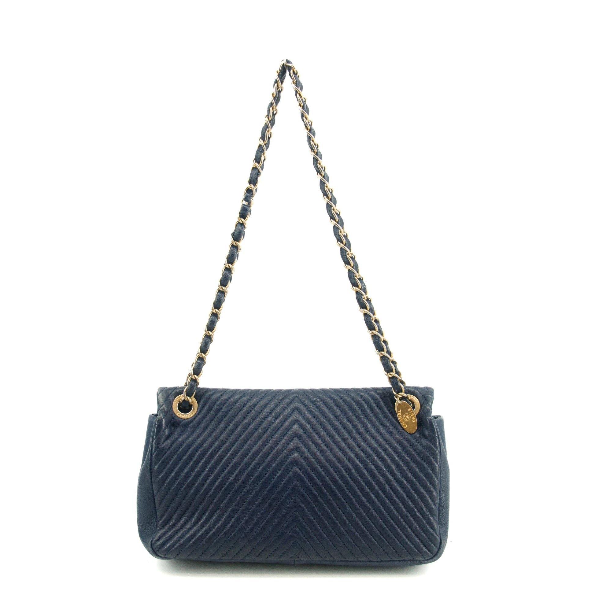 Chanel Chevron Flap Surpique Aged Calfskin Navy Shoulder Bag #3631