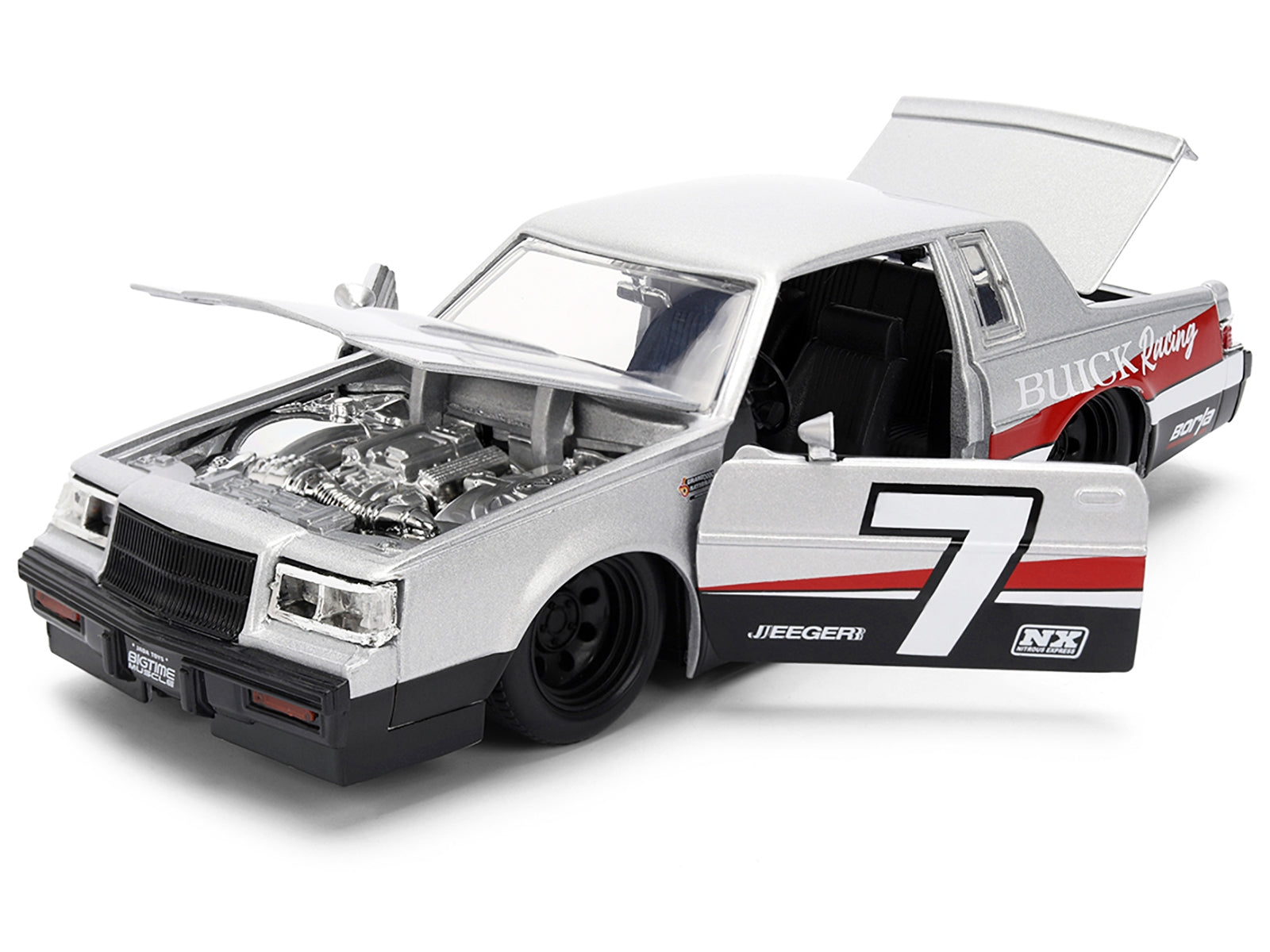1987 Buick Grand National #7 "Buick Racing" Matt Silver Metallic with Red and Black Stripes "Bigtime Muscle" Series 1/24 Diecast Model by Jada