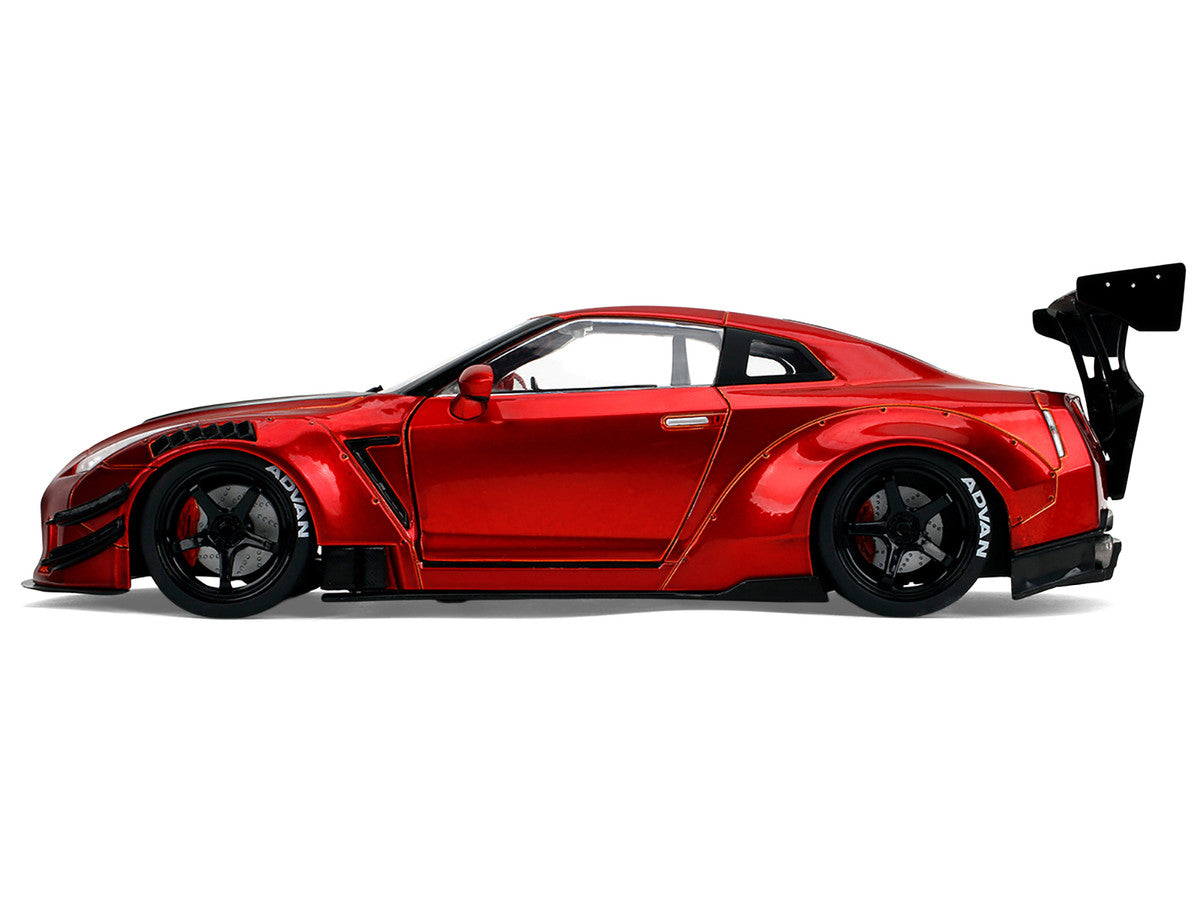 Nissan GT-R (R35) Liberty Walk Body Kit 2.0 RHD (Right Hand Drive) Red Metallic with Carbon Hood "Pink Slips" Series 1/18 Diecast Model Car by Jada