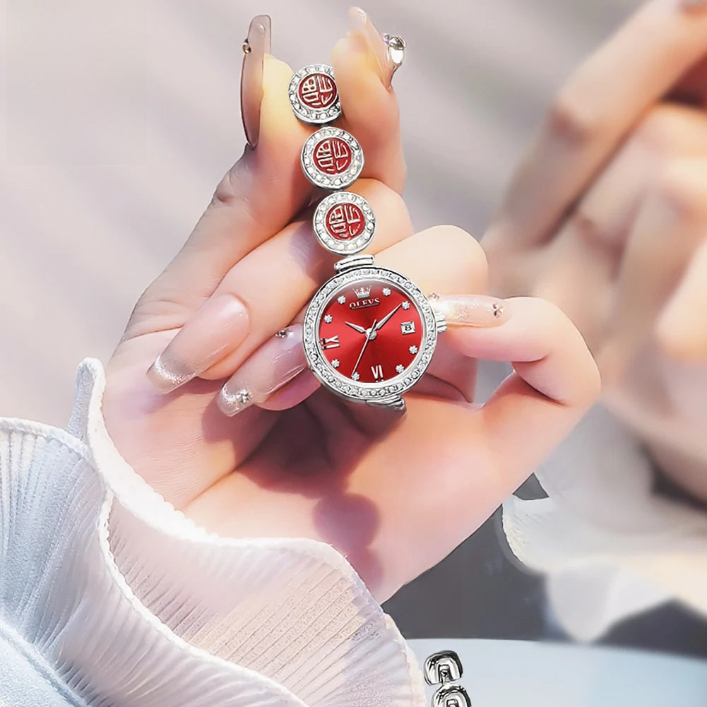 Women's Elegant Bracelet Quartz Watch Red Dial Waterproof