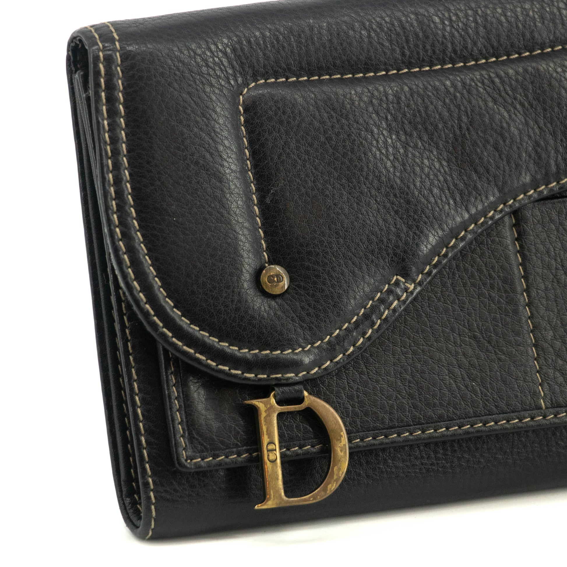 Christian Dior Saddle Black Leather Long Trifold Wallet #3690