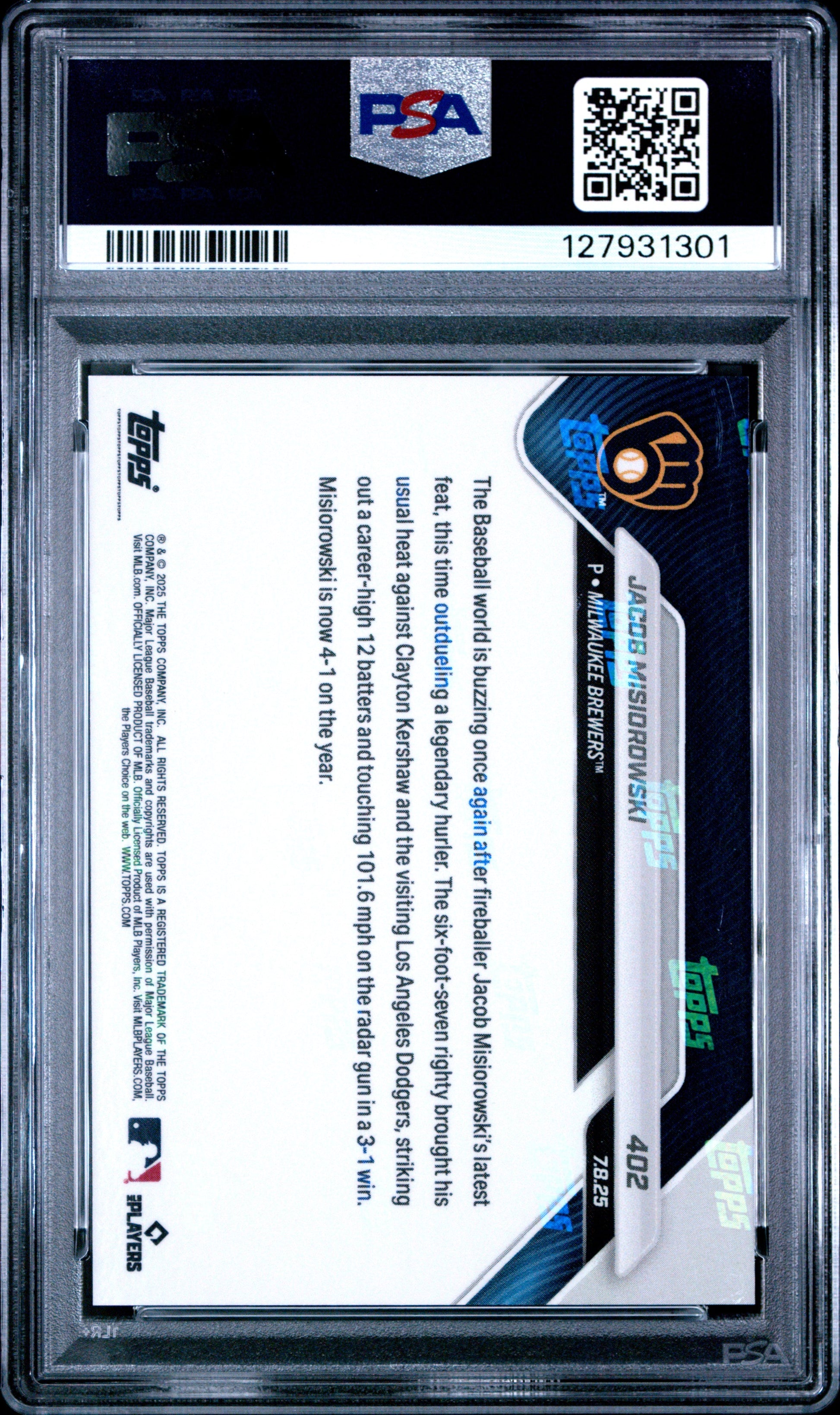 Graded 2025 Topps Now Jacob Misiorowski #402 Phenom Outduels Kershaw with Career High 12Ks in Win Rookie RC Baseball Card PSA 10 Gem Mint
