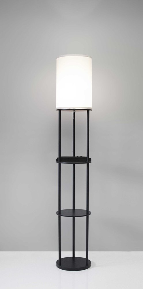 67" Black And White Column With White Linen Shade