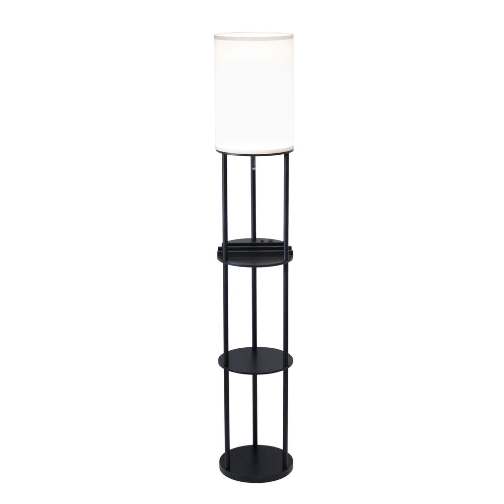 67" Black And White Column With White Linen Shade