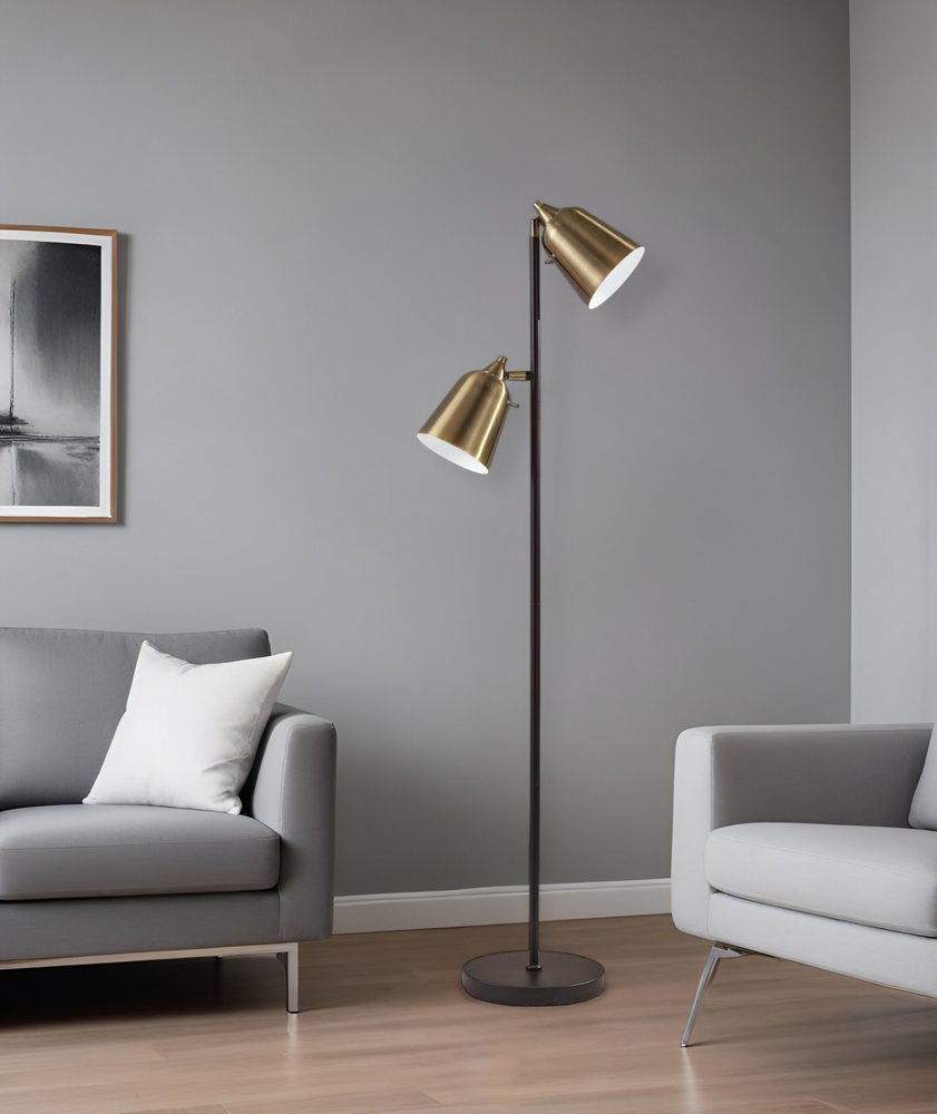 58" Black Two Light Task Floor Lamp With Antiqued Brass Metal Cone Shade