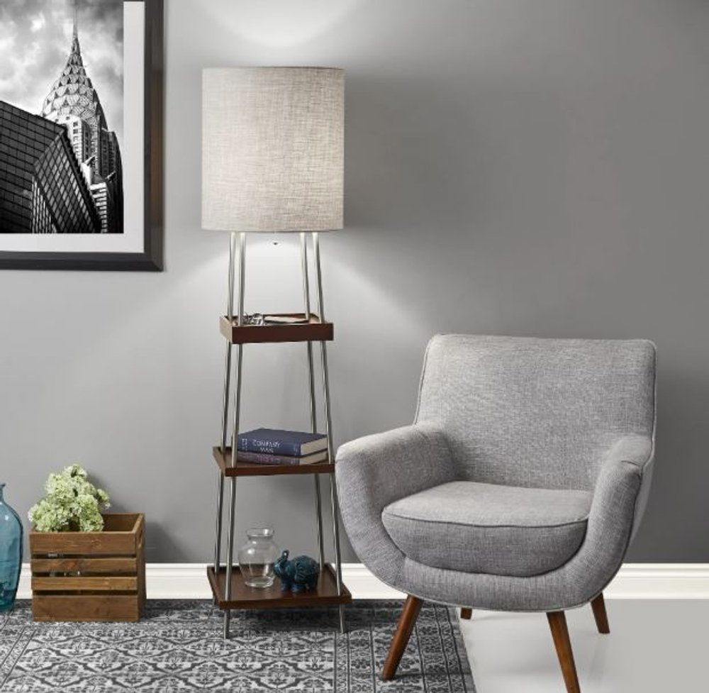 63" Brown And White Column Floor Lamp With White Fabric Drum Shade