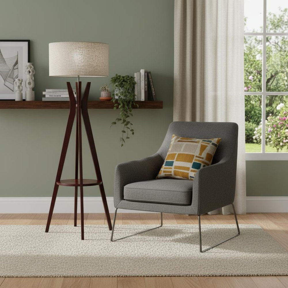 60" Brown And White Solid Wood Tripod Floor Lamp With White Fabric Drum Shade