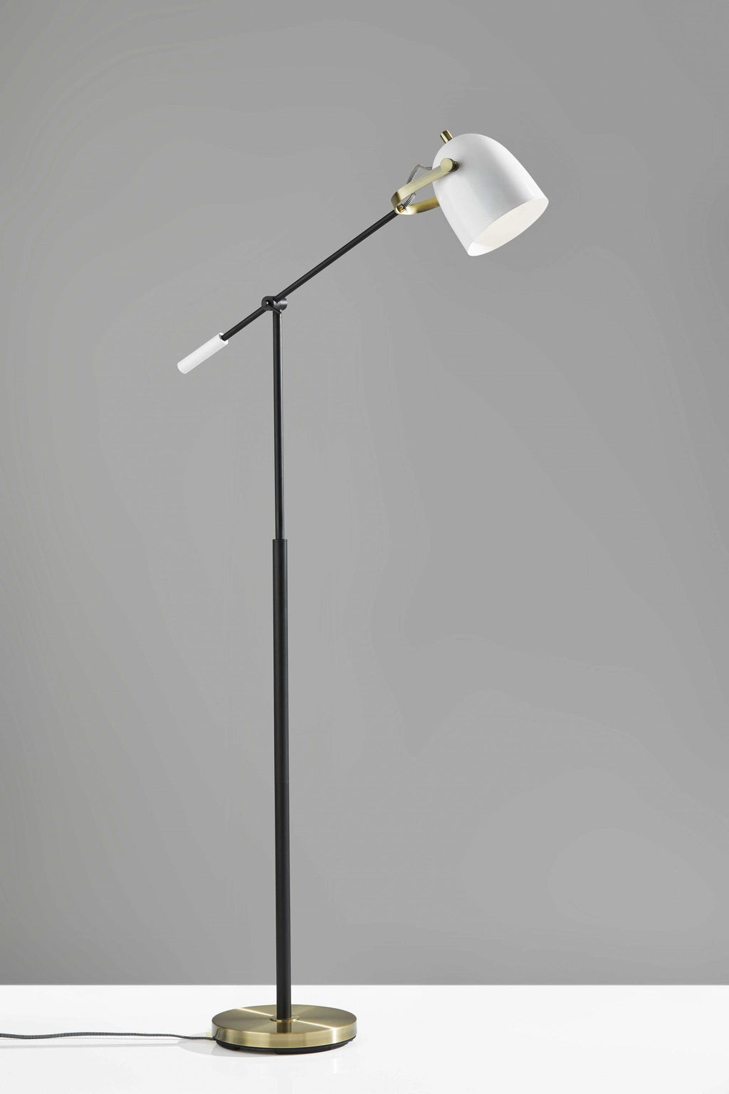 Matte Black and Antique Brass Metal Floor Lamp with Adjustable Arm and White Metal Shade