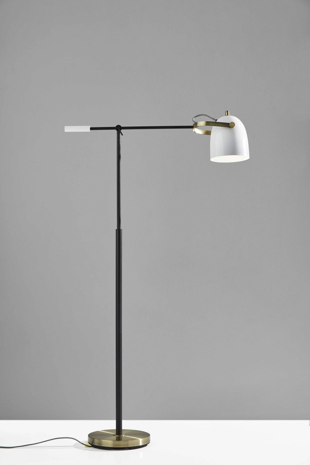 Matte Black and Antique Brass Metal Floor Lamp with Adjustable Arm and White Metal Shade