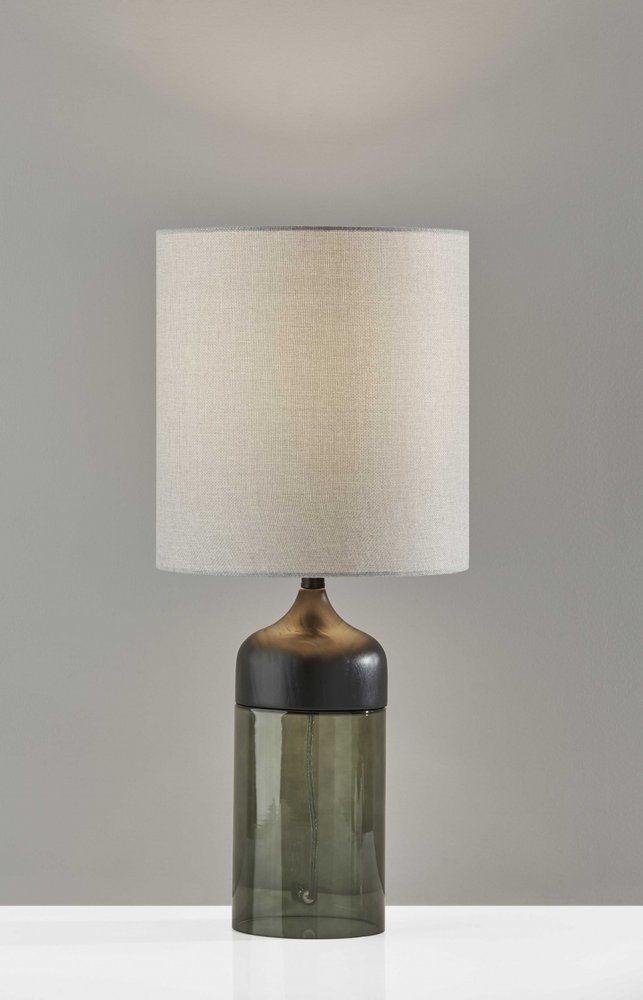 23" Black Wood And Smoked Glass Bedside Lamp With Gray Drum Shade