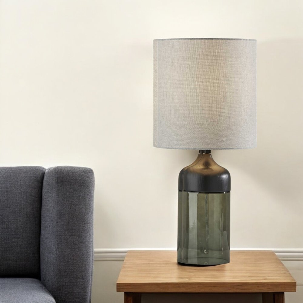 23" Black Wood And Smoked Glass Bedside Lamp With Gray Drum Shade