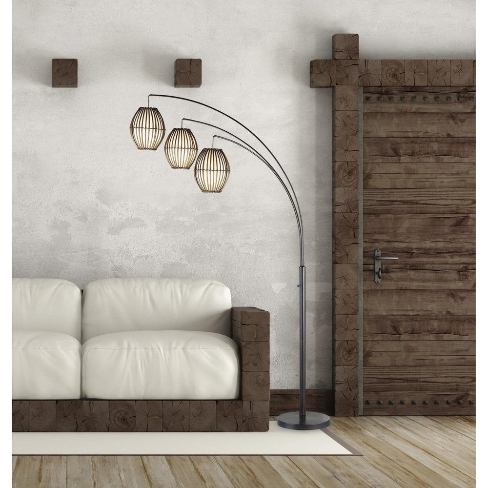 82" Bronze Three Light Tree Floor Lamp With Beige Wicker Cage Shade