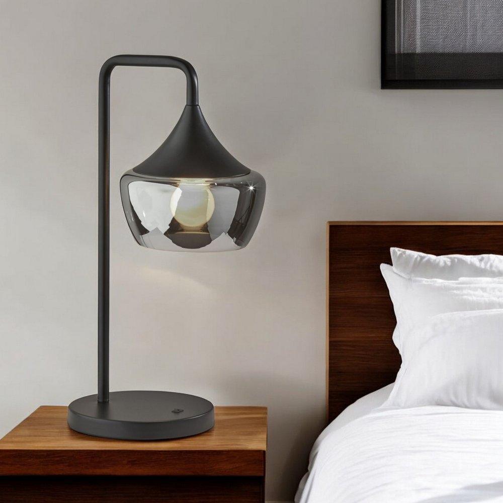 20" Black Metal Table Lamp With Black Metal And Smoked Glass Shade