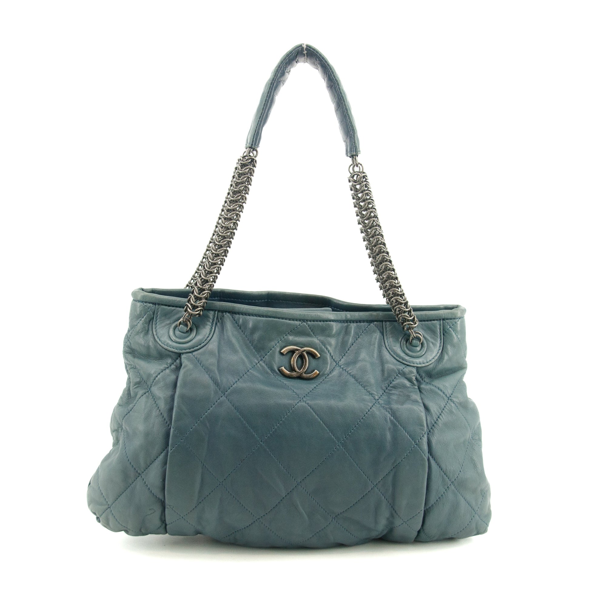Chanel Blue Lambskin Quilted Gunmetal Chain Shoulder Bag #3741