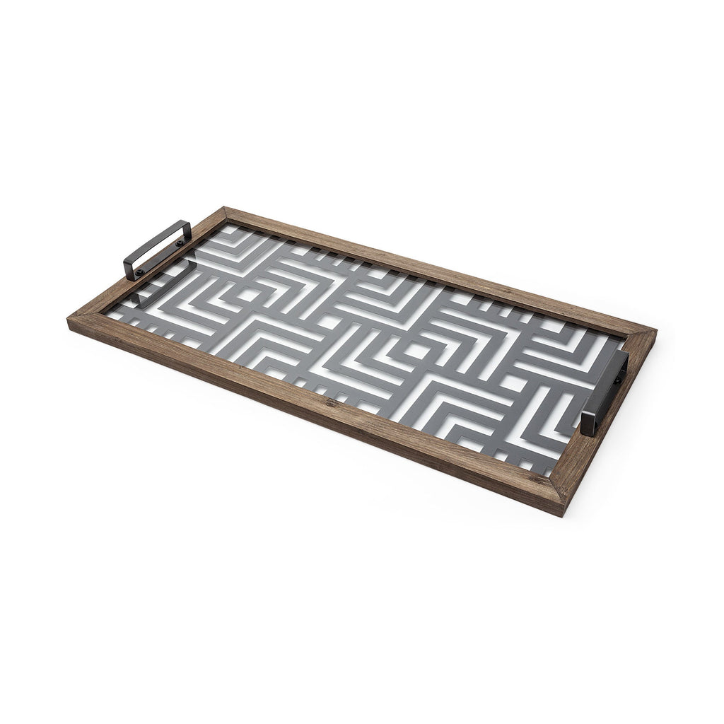 32" Brown and Black Glass Metal And Wood Geometric Serving Tray With Handles