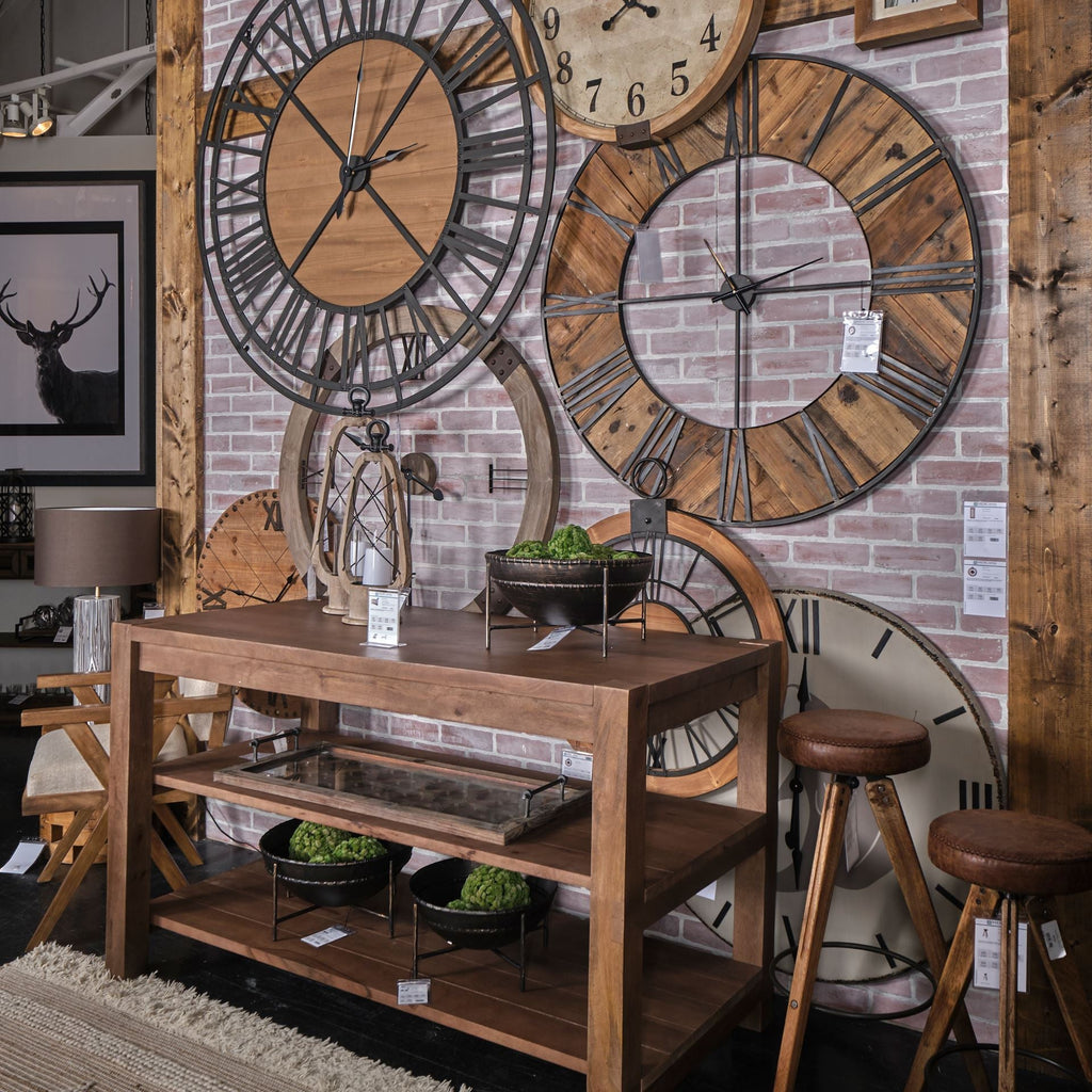 59" Black And Brown Metal and Solid Wood Skeleton Circle Wall Clock