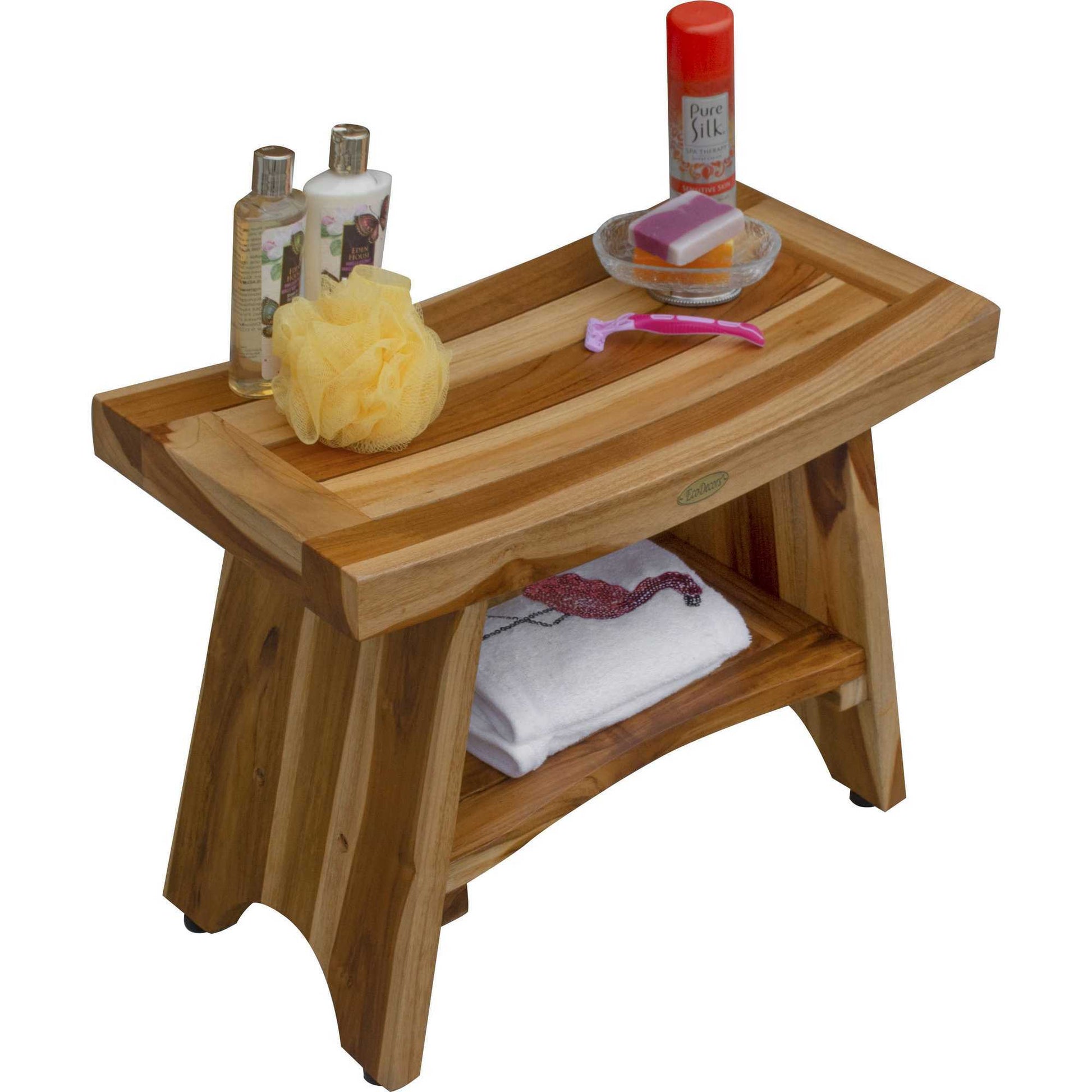 Contemporary Teak Shower Bench with Shelf in Natural Finish