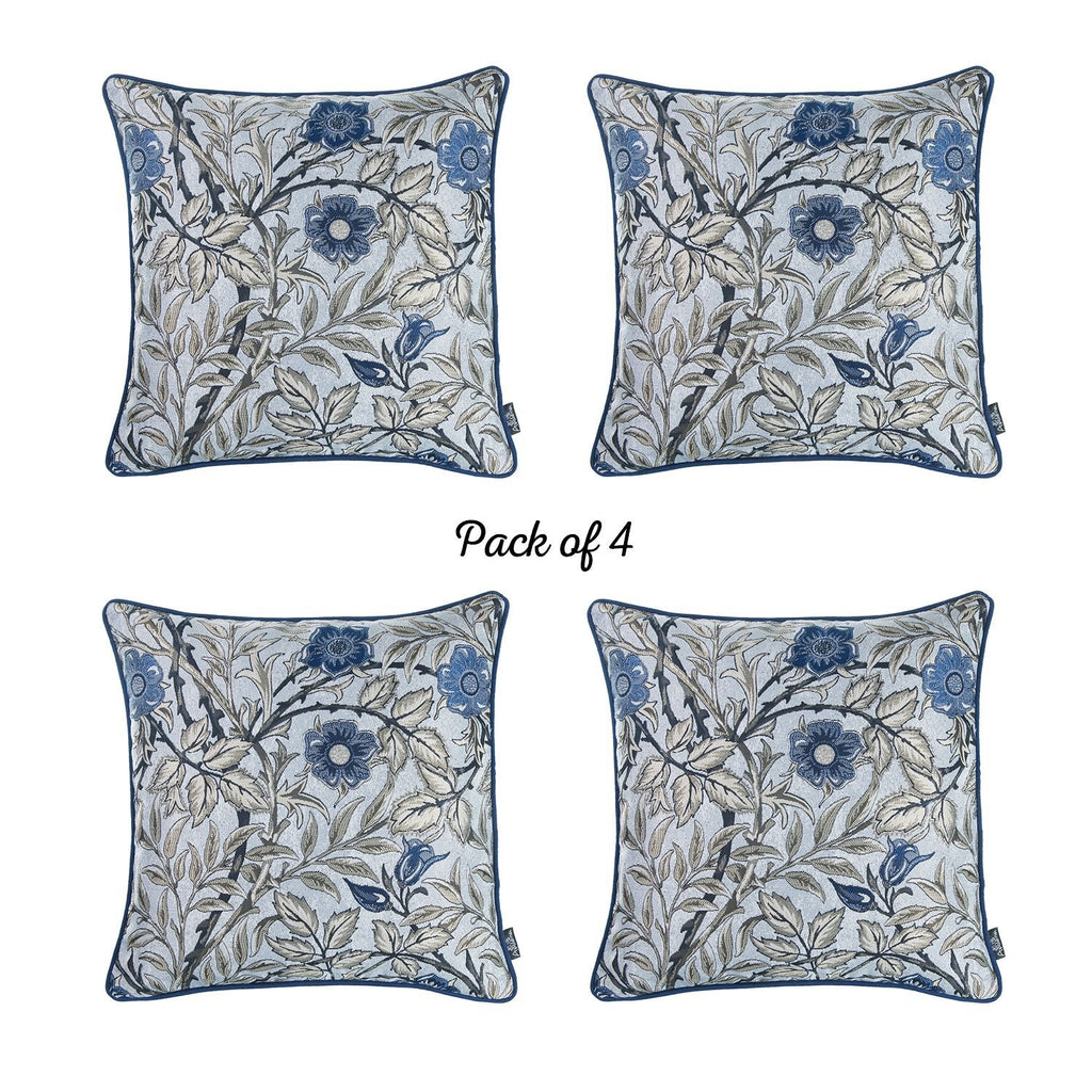 Set Of 4 17" Jacquard Leaf Throw Pillow Cover In Blue