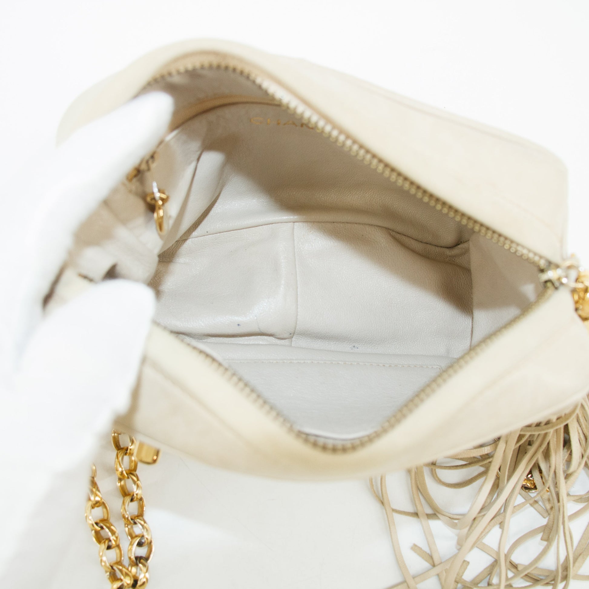 Chanel Matelasse Quilted Lambskin Beige Tassel Camera Shoulder Bag #3770