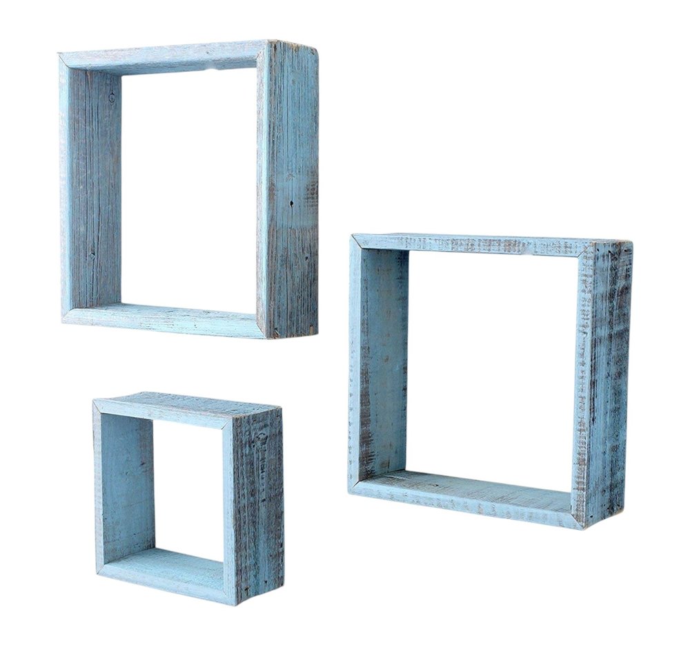 Set Of 3 Square Robins Egg Blue Reclaimed Wood Open Box Shelve