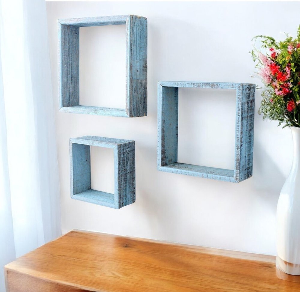 Set Of 3 Square Robins Egg Blue Reclaimed Wood Open Box Shelve