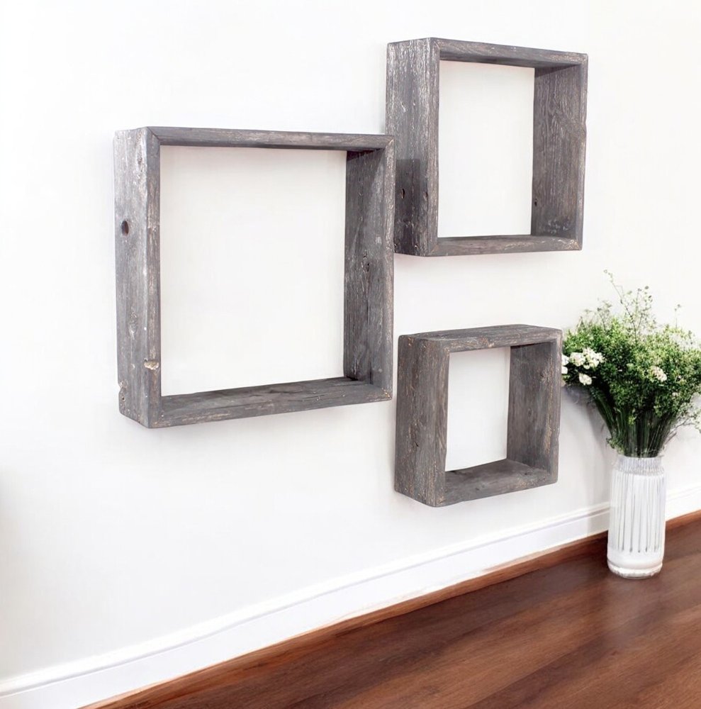 Set of Three Smoky Black Wood Square Hanging Dimensional Sculpture