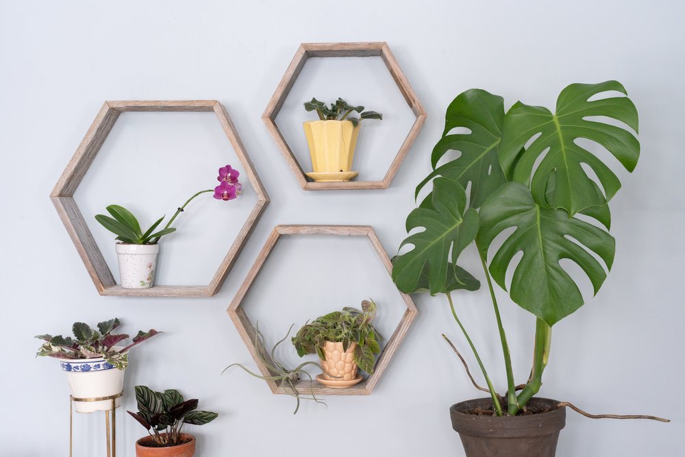 Set of Three Gray Wood Hexagon Wood Open Box Shelves