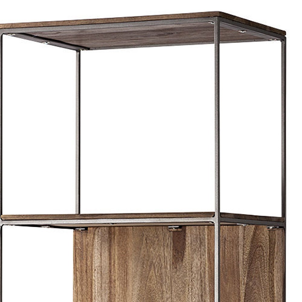 71" Brown And Silver Metal and Wood Four Tier Bookcase