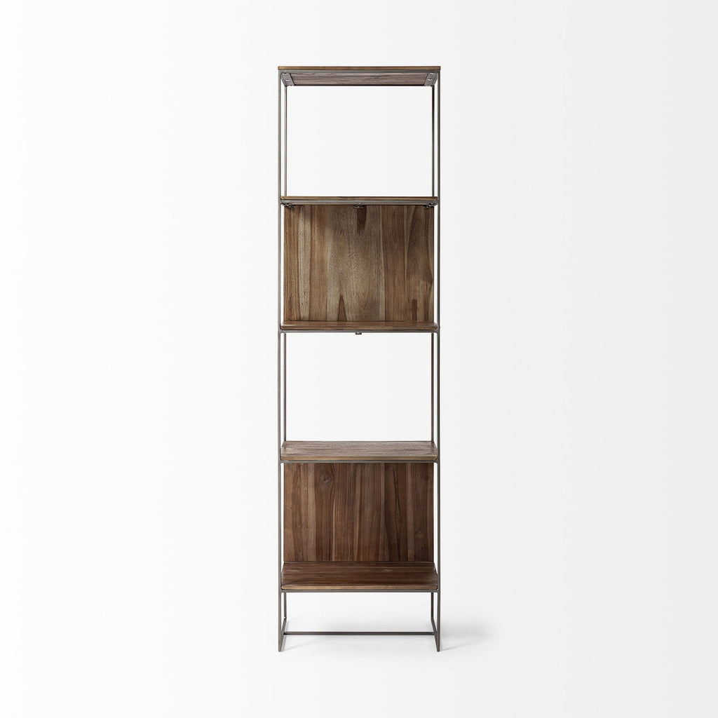 71" Brown And Silver Metal and Wood Four Tier Bookcase