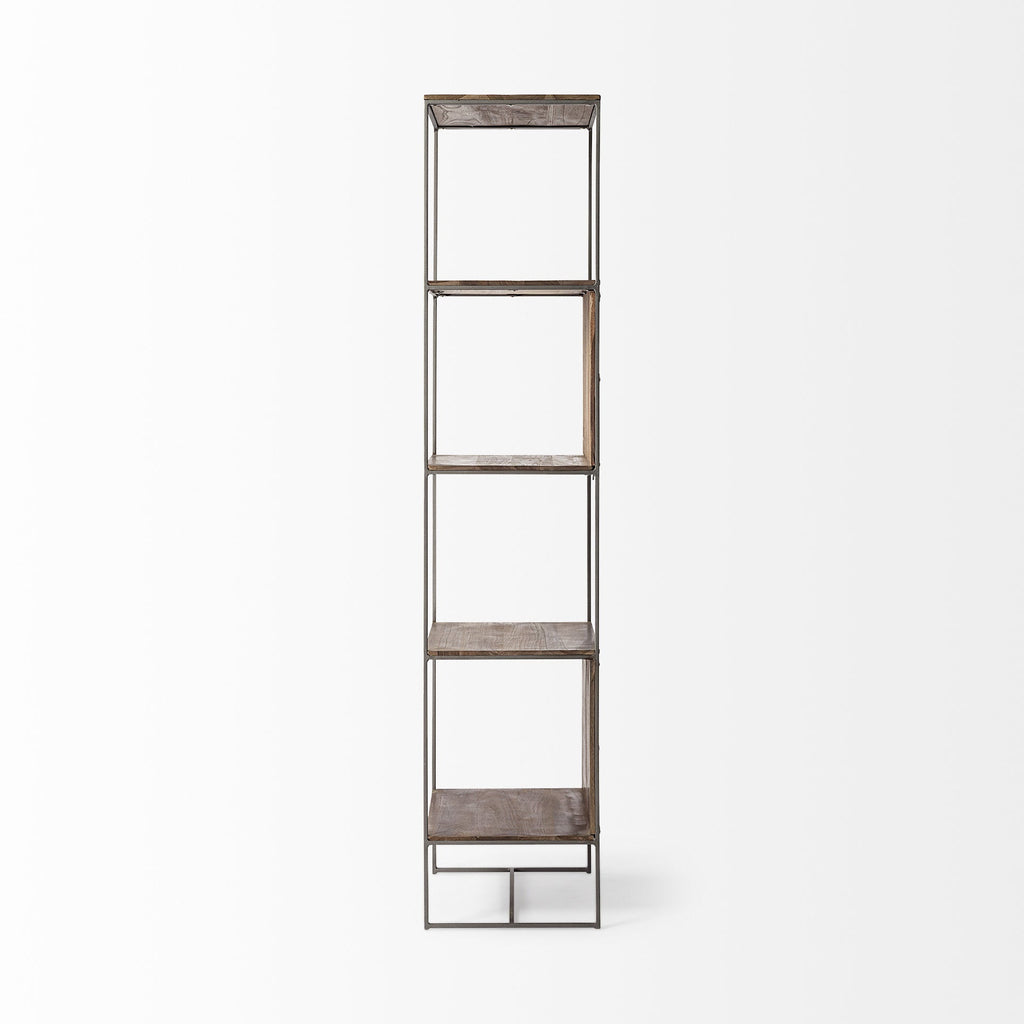 71" Brown And Silver Metal and Wood Four Tier Bookcase