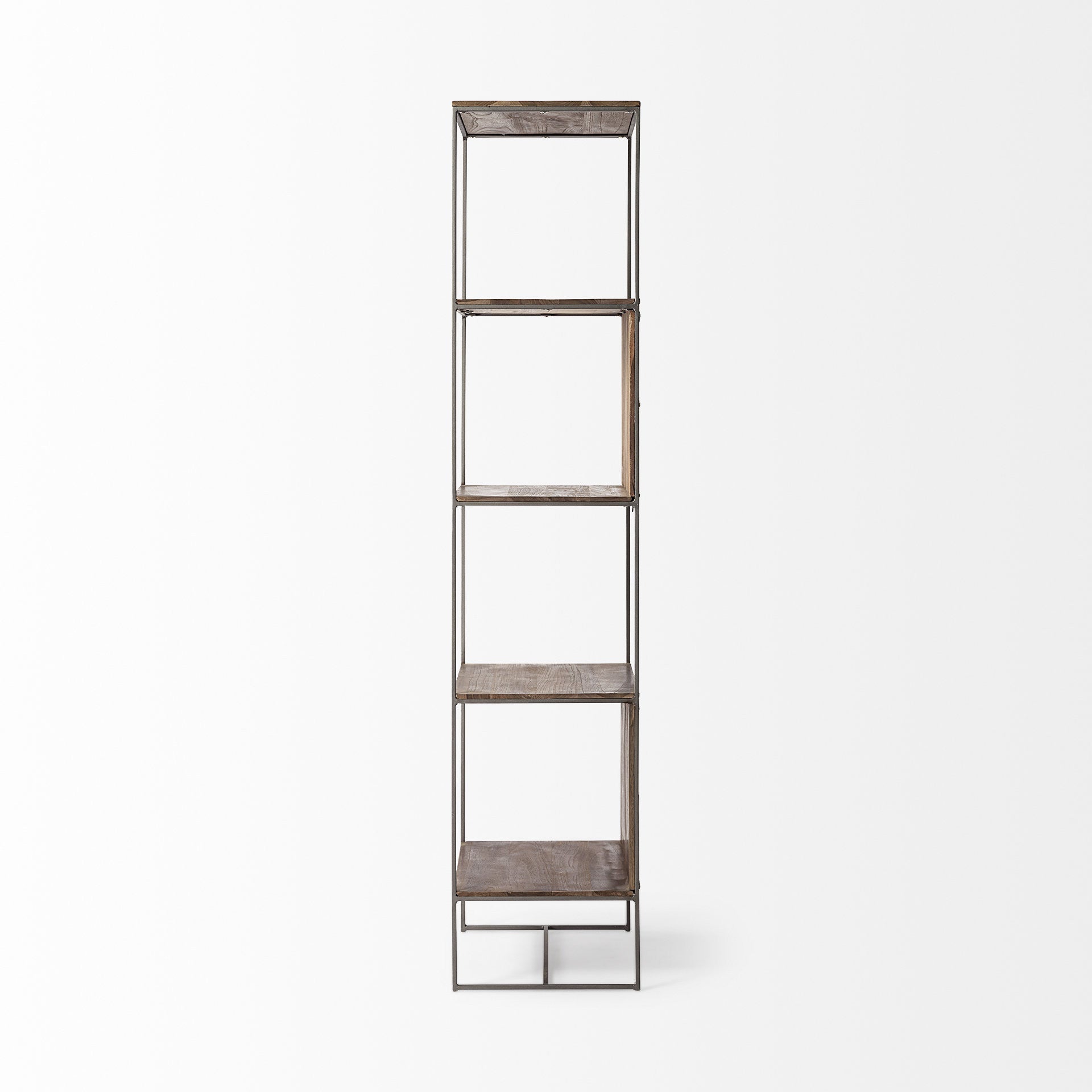 71" Brown And Silver Metal and Wood Four Tier Bookcase