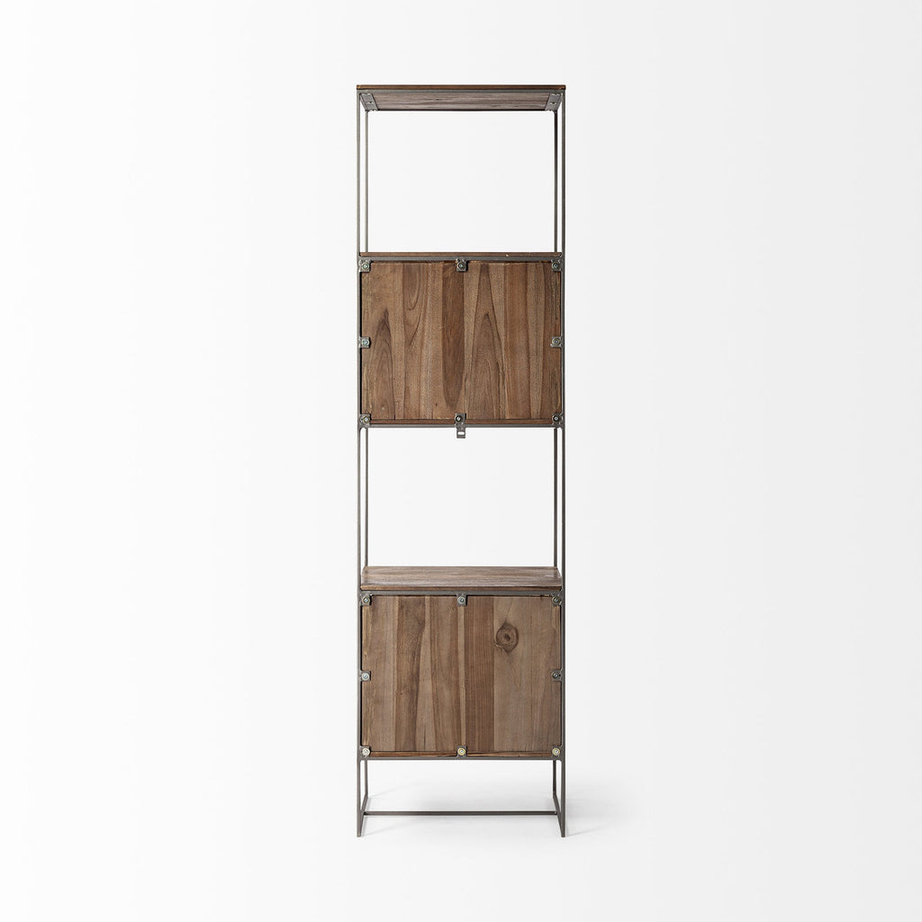 71" Brown And Silver Metal and Wood Four Tier Bookcase