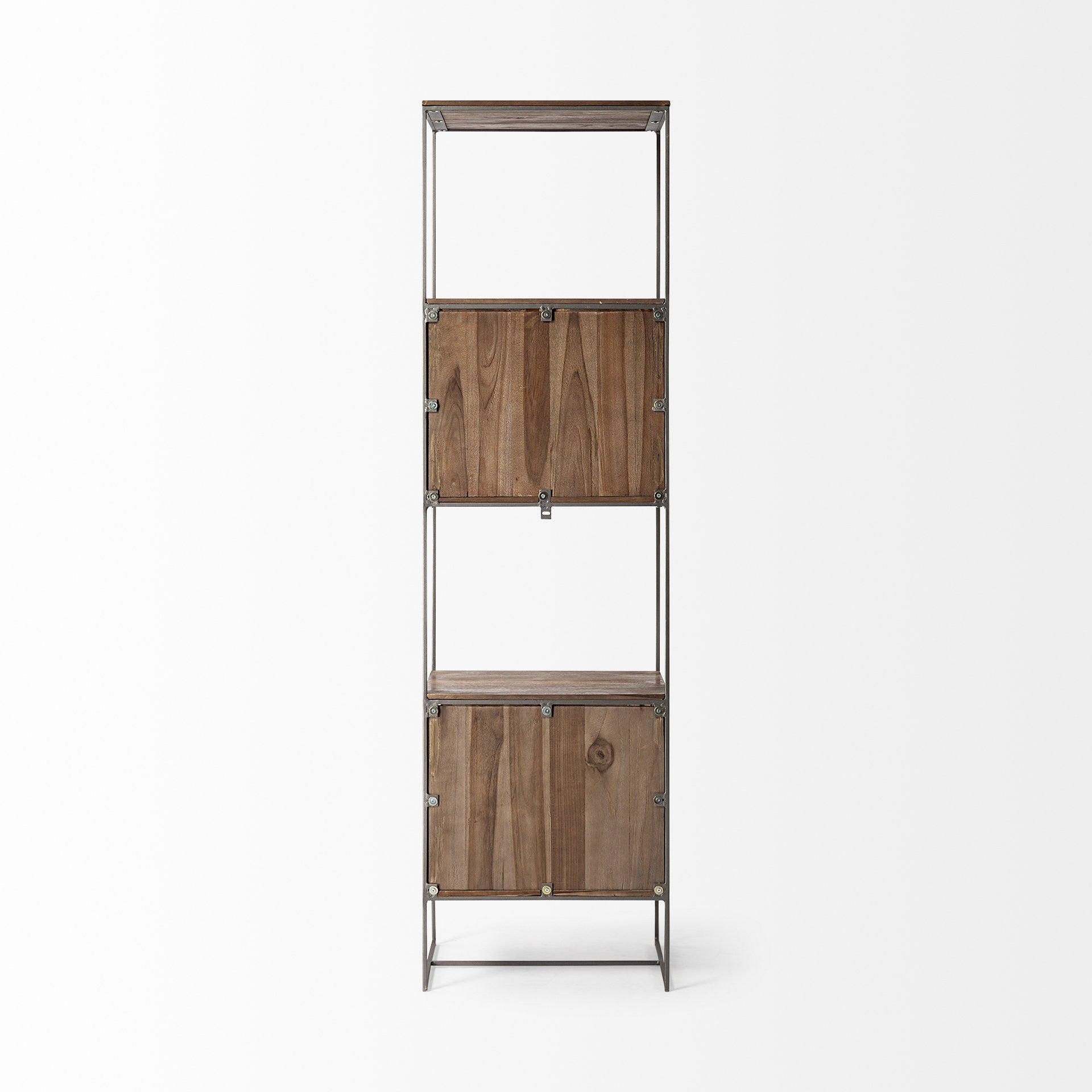 71" Brown And Silver Metal and Wood Four Tier Bookcase
