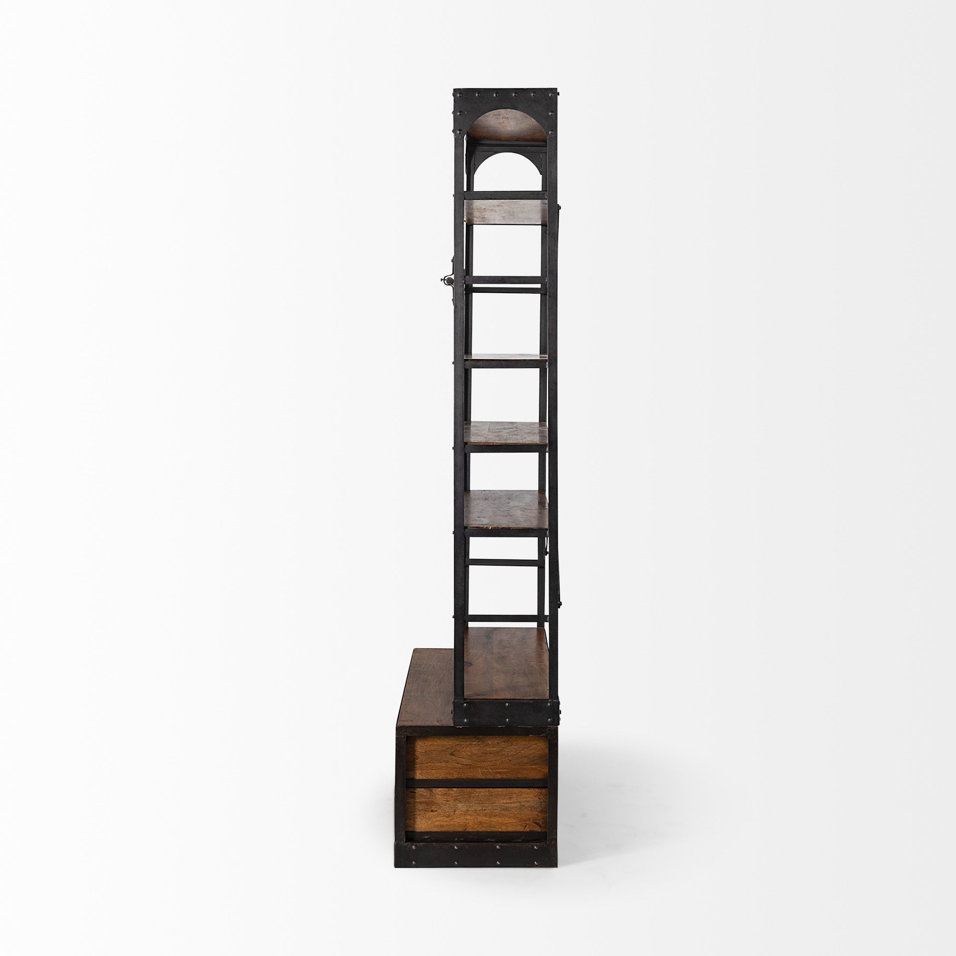 94" Black And Brown Distressed Copper and Wood Four Tier Library Bookcase with Four Drawers