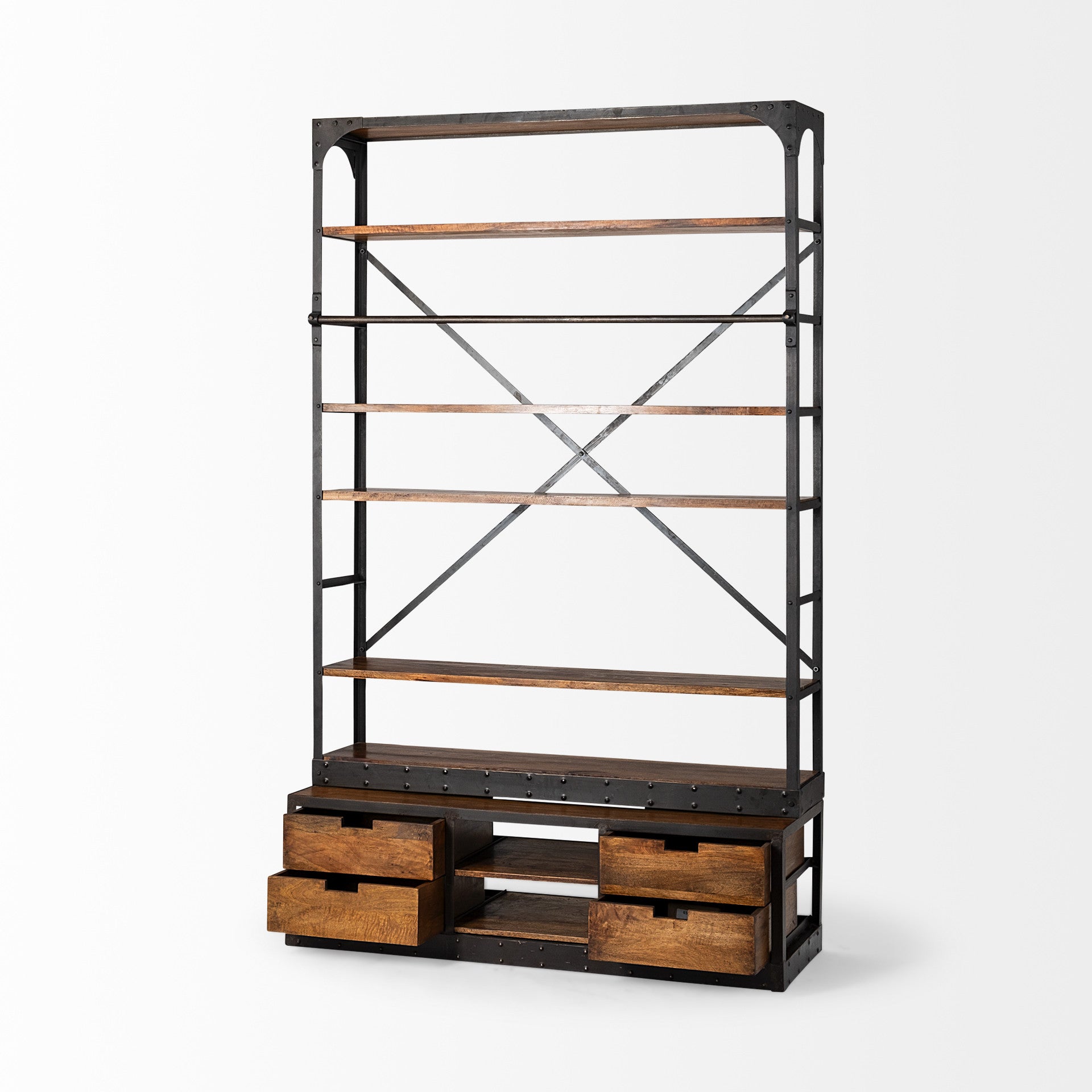 94" Black And Brown Distressed Copper and Wood Four Tier Library Bookcase with Four Drawers