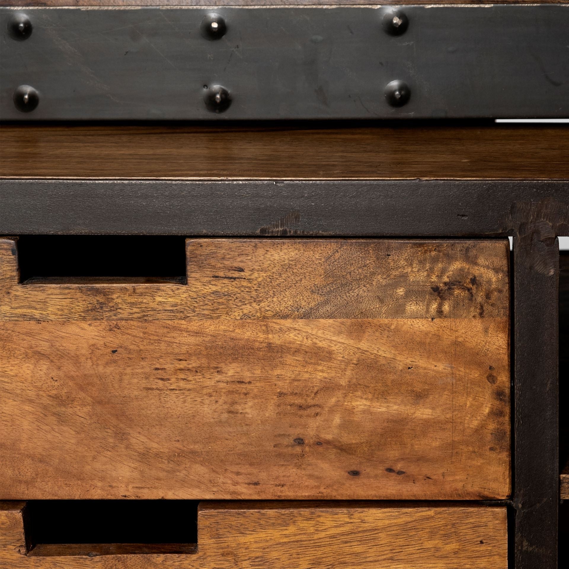 94" Black And Brown Distressed Copper and Wood Four Tier Library Bookcase with Four Drawers