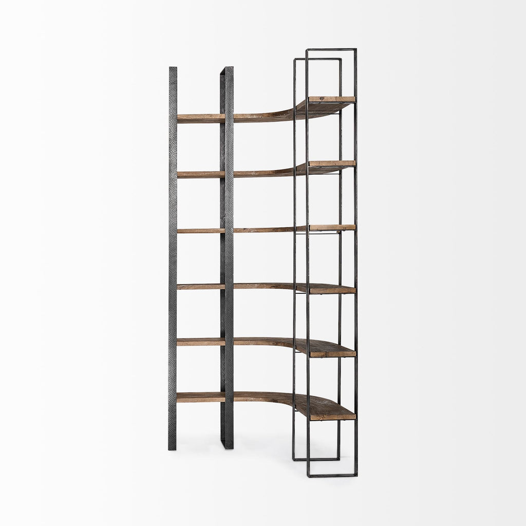 90" Black And Brown Iron and Wood Six Tier Bookcase