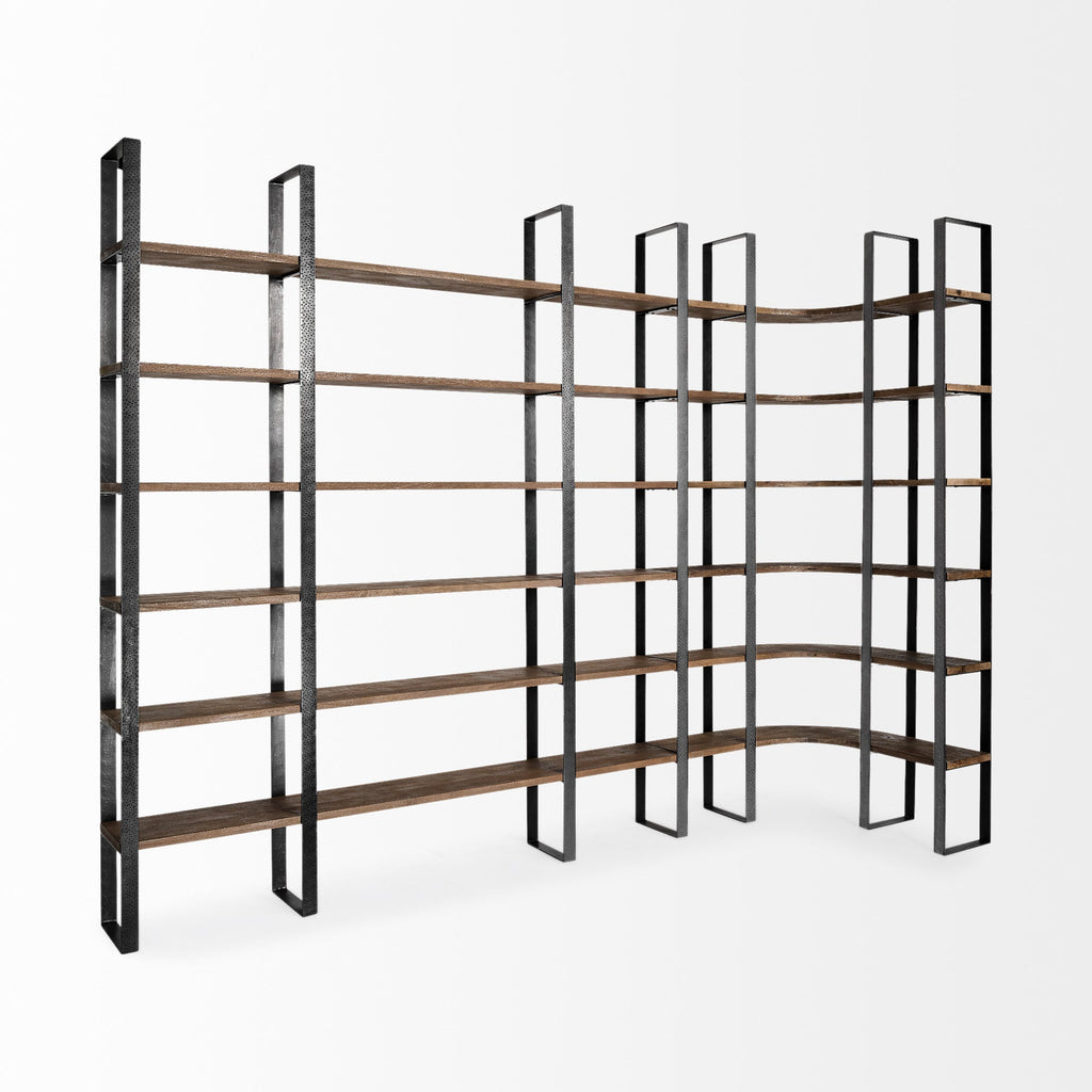 90" Black And Brown Iron and Wood Six Tier Bookcase