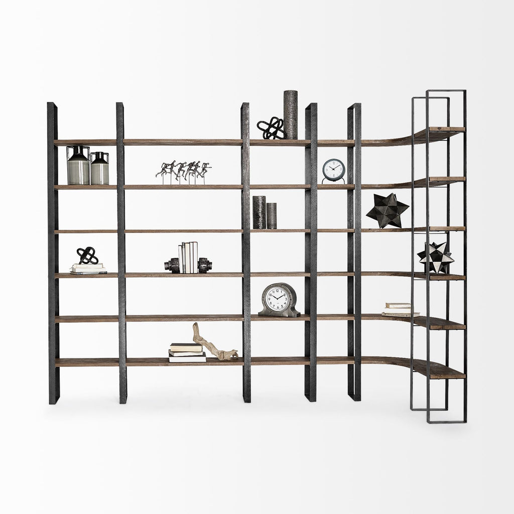 90" Black And Brown Iron and Wood Six Tier Bookcase