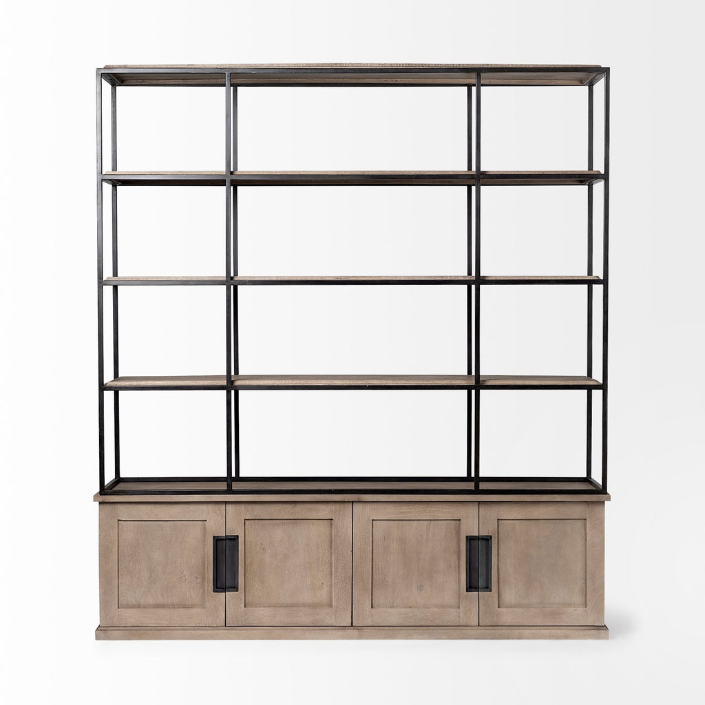 90" Brown Iron and Wood Three Tier Bookcase