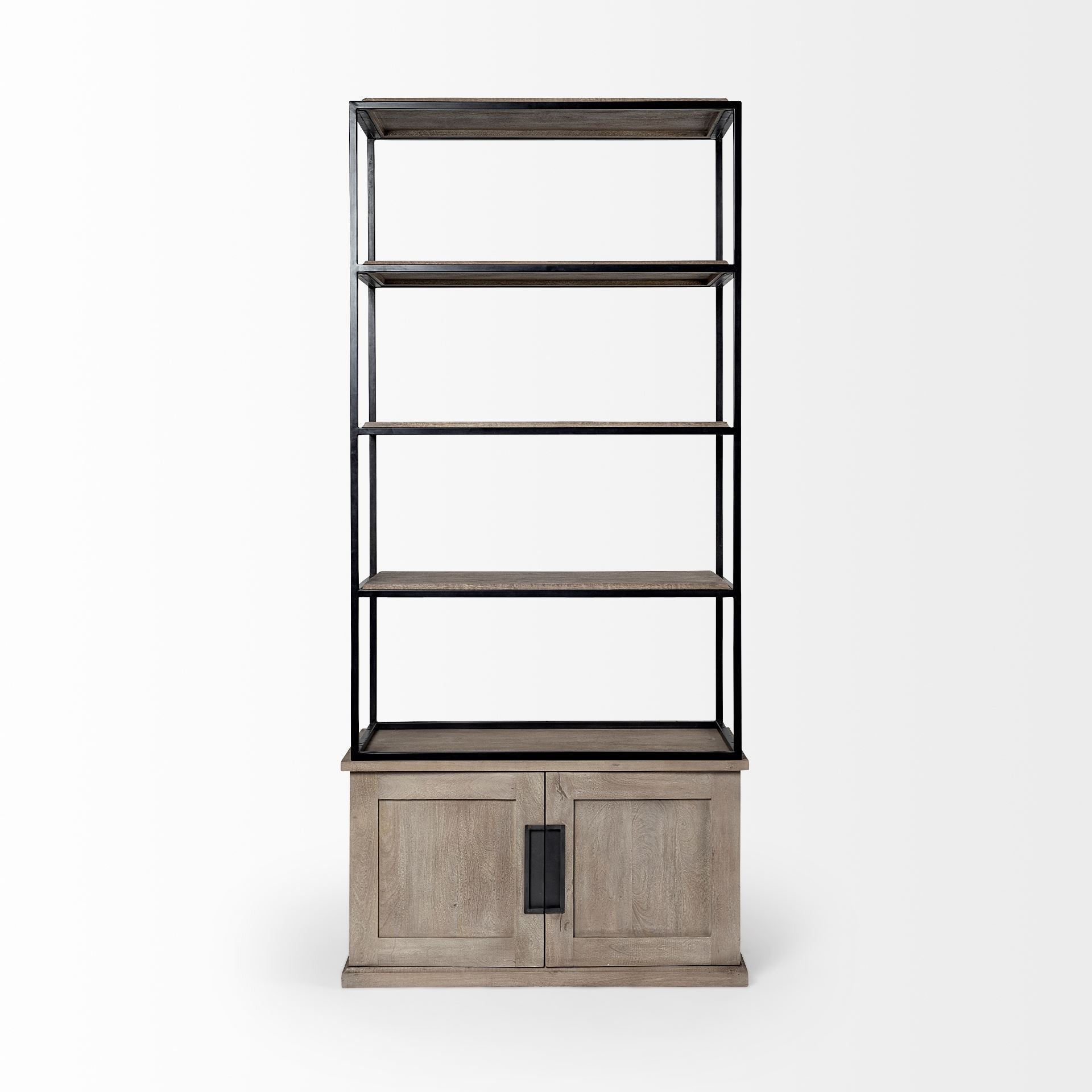 90" Brown Iron and Wood Three Tier Bookcase