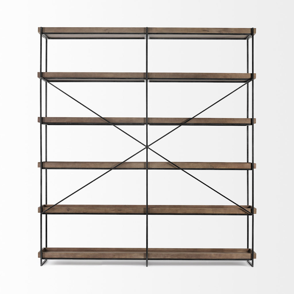 88" Black And Brown Iron and Wood Five Tier Bookcase