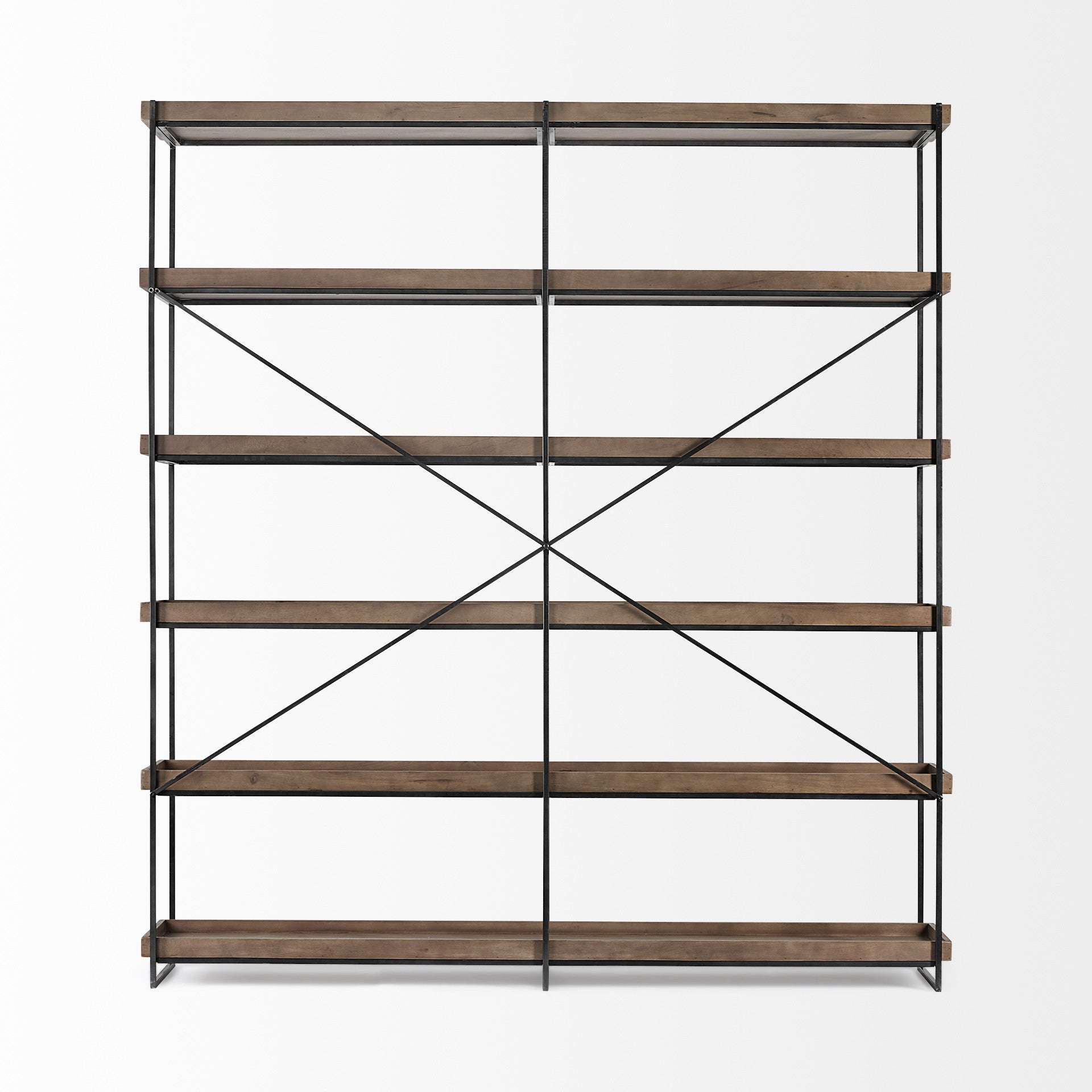 88" Black And Brown Iron and Wood Five Tier Bookcase
