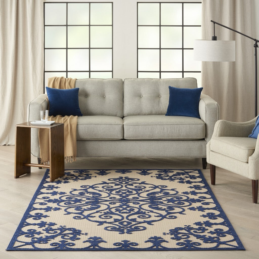 5' x 8' Navy Medallion Indoor Outdoor Area Rug