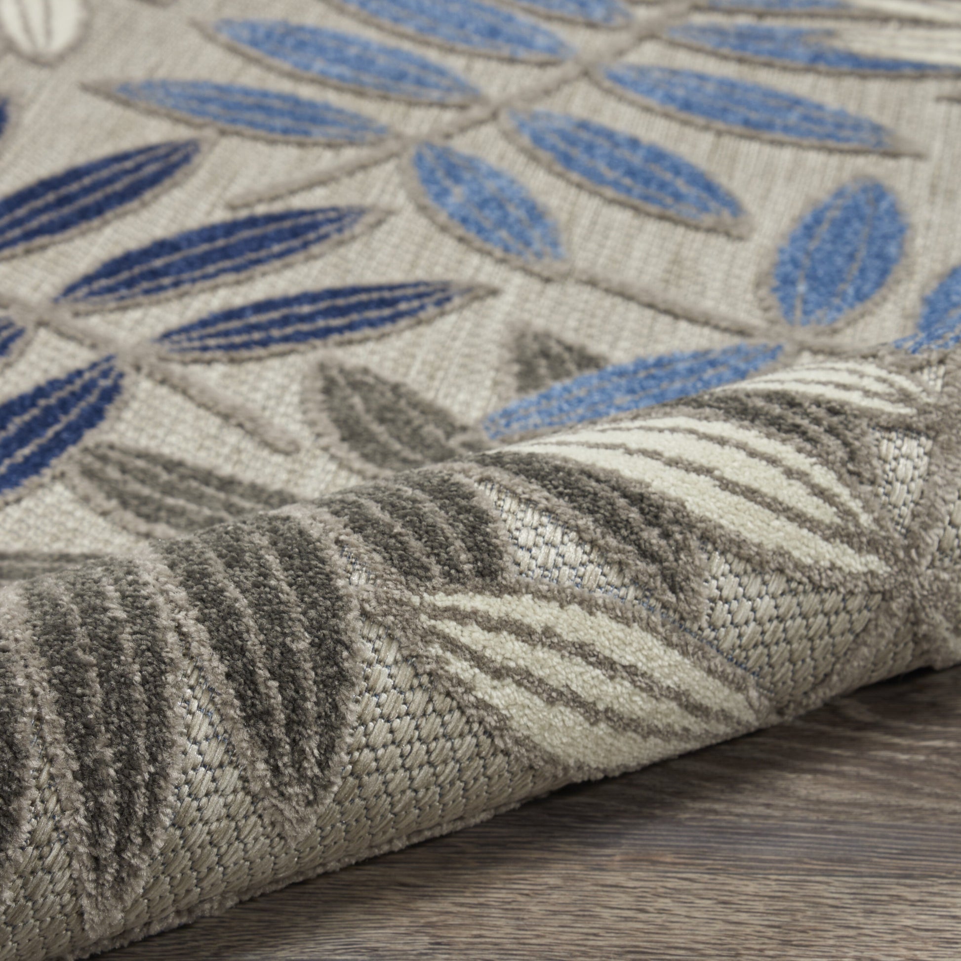 6' x 9' Gray and Blue Leaves Indoor Outdoor Area Rug