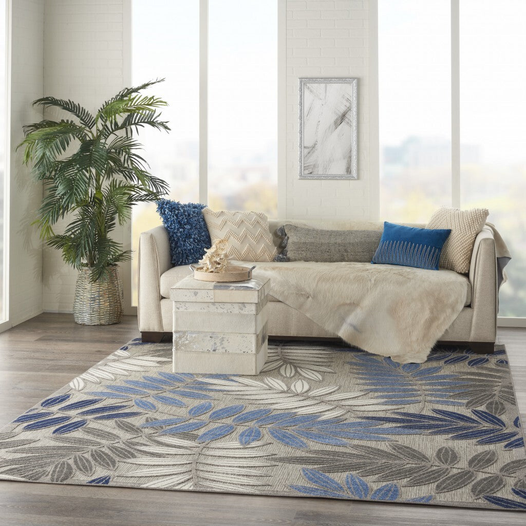 6' x 9' Gray and Blue Leaves Indoor Outdoor Area Rug